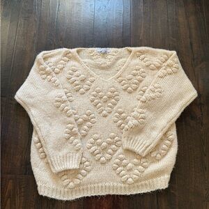 FAVLUX Cream Textured Heart V-Neck Sweater